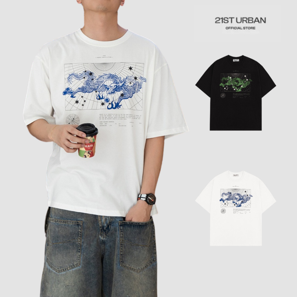 [Hàng mới] Áo phông 2 màu unisex họa tiết rồng in 21ST URBAN Draco