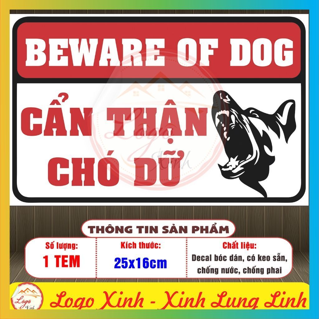 LOGO TEM STICKER CẢNH BÁO CẨN THẬN NHÀ CÓ CHÓ DỮ, BEWARE OF DOG