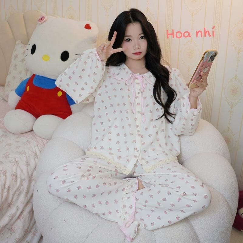 DÀI TAY Cổ SEN bộ ngủ nữ tiểu thư cổ sen vải đũi bôngmây mùa thu mặc đi ngủ thoải mái Women Quần Ngủ Áo Ngủ Cotton sen 5 | BigBuy360 - bigbuy360.vn