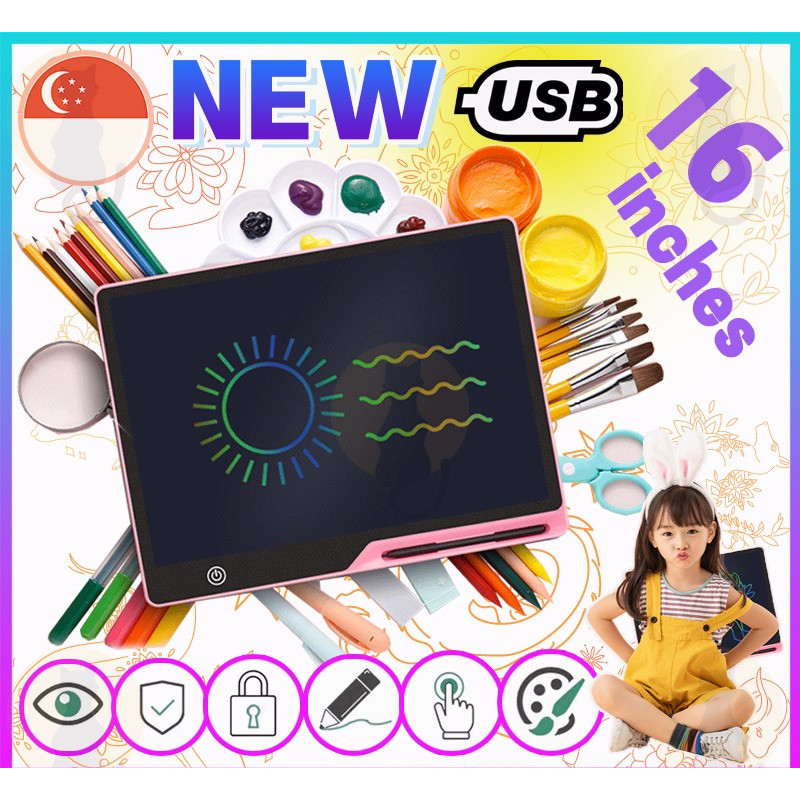 16Inch Colors LCD Writing Tablet Electronic Drawing Doodle Board Digital Colorful Kids USB Charging