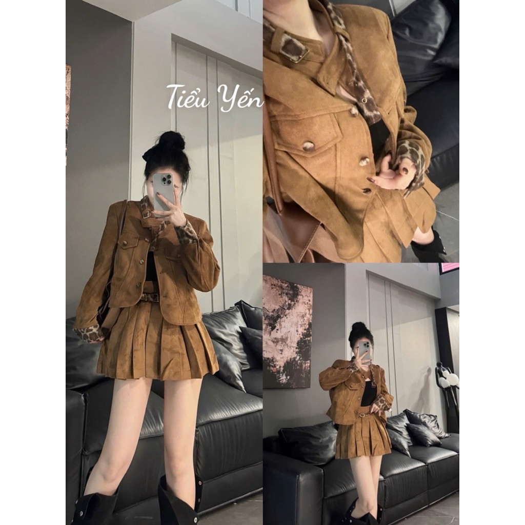 1028TY85- sét da lộn phối beo-𝐐𝐮𝐢𝐧.𝐒𝐭𝐲𝐥𝐞 sét áo lửng mix cv xòe best sellers