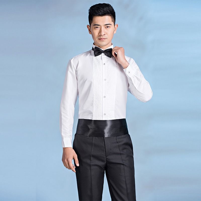Áo sơ mi màu trắng xếp ly với nơ dây buộc, phù hợp trang phục biểu diễn và audition, size slim fit, 