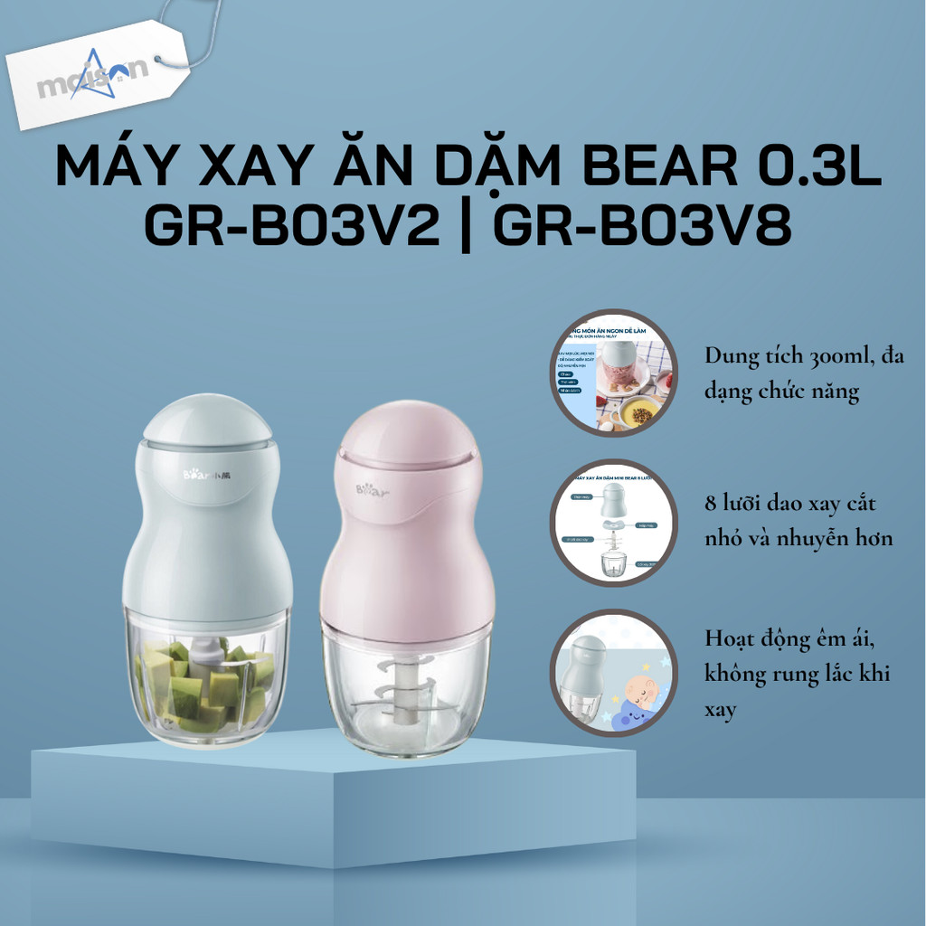 Máy xay ăn dặm Bear 0.3L GR-B03V2 Xanh | GR-B03V8 Hồng | Công suất 120W - 8 lưỡi dao xay - Bảo Hành 