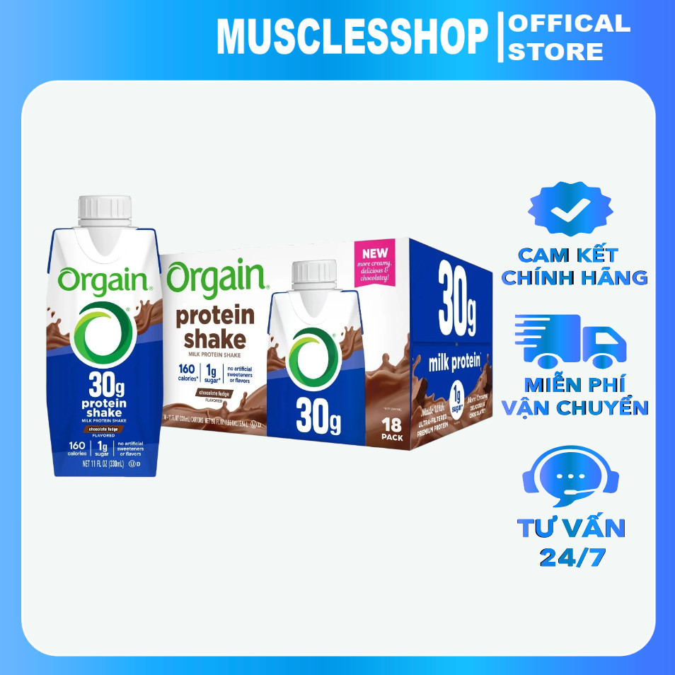 Sữa Orgain 30g High Protein Shake (18 Hộp) - Bữa Ăn Thay Thế Giàu Protein, Vị Chocolate Fudge