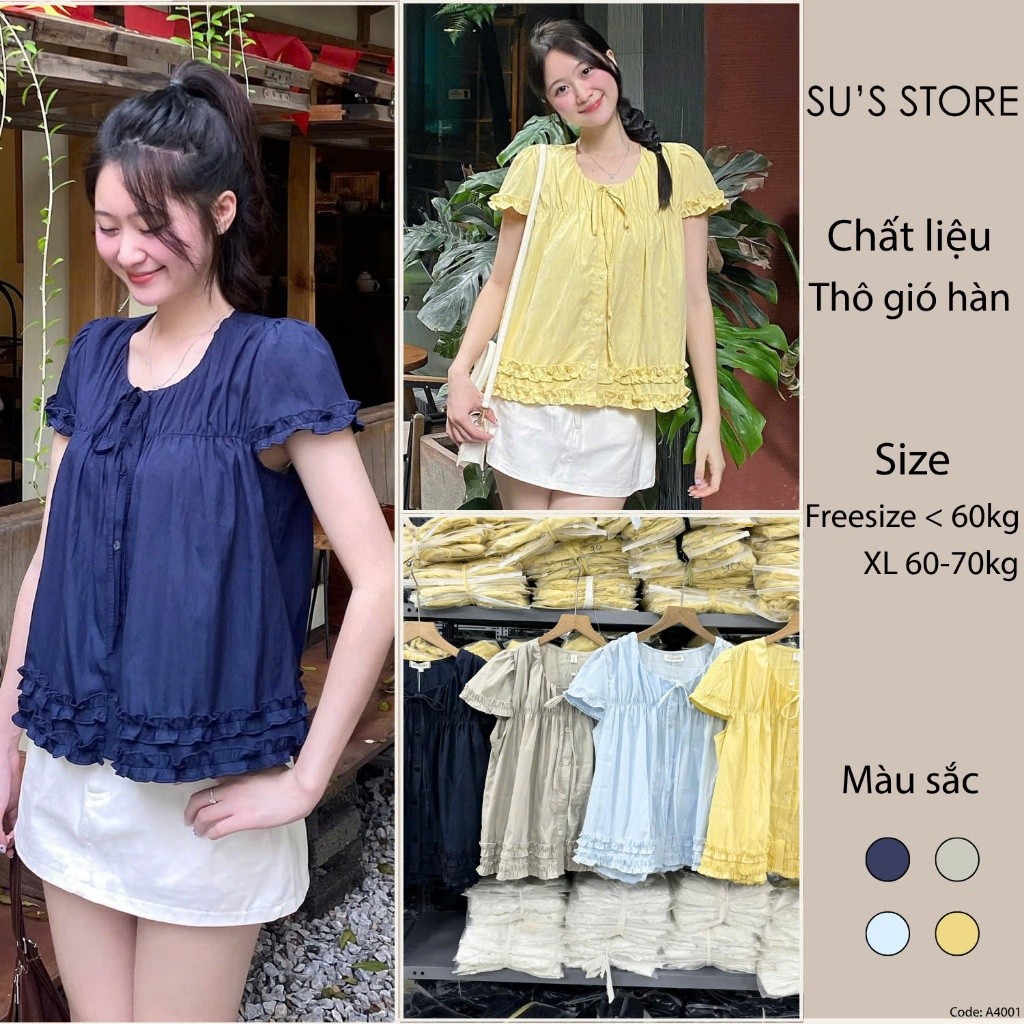 Áo Viền Bèo Chun Ngực Cúc Dọc Cổ Nơ Gió Hàn Susstore A4001 Bigsize