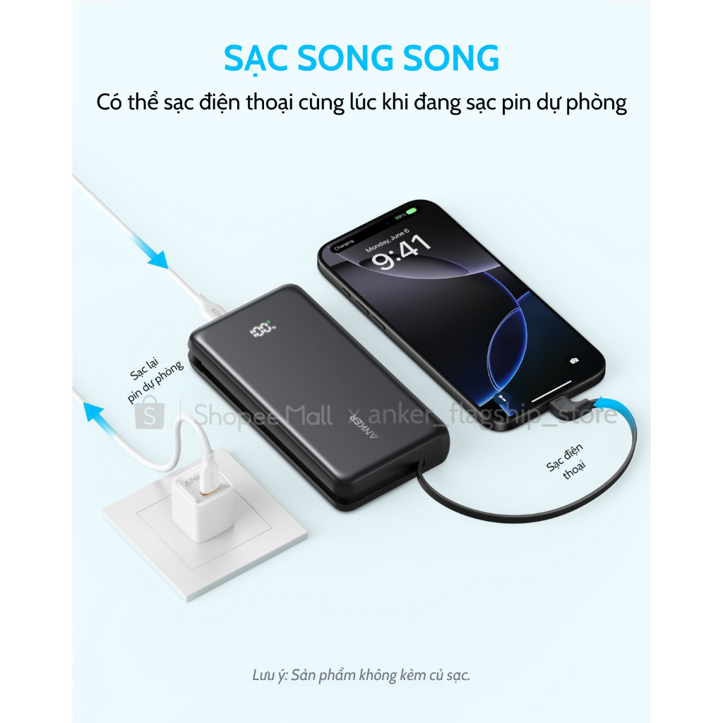 Sạc dự phòng Anker Zolo 10kmAh/20kmAh 22.5W | Tích hợp cáp USB-C | 2 Cổng 1C1A | Sạc 3 thiết bị - A110D/E | BigBuy360 - bigbuy360.vn