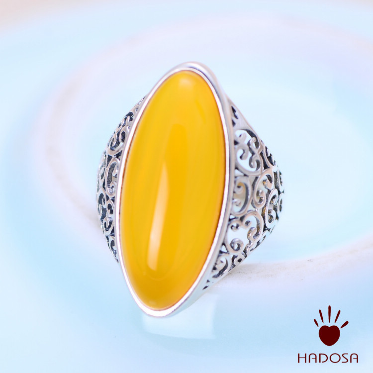 Nhẫn Bạc S925 Nữ Mặt Chalcedony Vàng Oval Độc Đáo Màu Sáng Thu Hút May Mắn Hadosa NSSRCC002S13