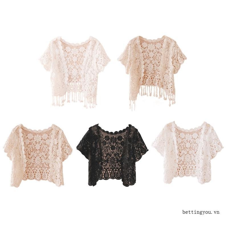 ۞ ۞ * Áo len dệt kim ngắn tay tua rua ren Bolero Shrug dành cho nữ