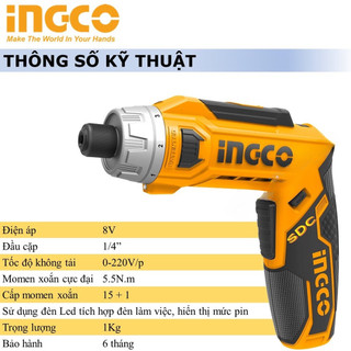 8V Máy siết vít gập INGCO CSDLI0801, Máy siết vít dùng pin Lithium, lực siết 6N.m, máy bắn vít gập