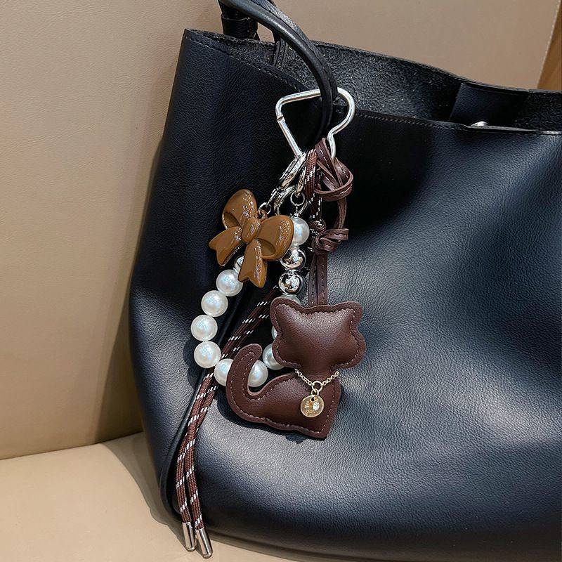Popular Leather Kitten Braid Rope Leather Keychain Pendant New Miu Brown Bag Fashion Bowknot Hanging