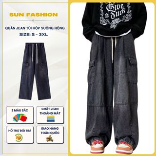  Quần jean túi hộp nam nữ basic SUN 116 Màu Khói wash ống rộng thoải mái trẻ trung năng động phong cách Hàn Quốc 