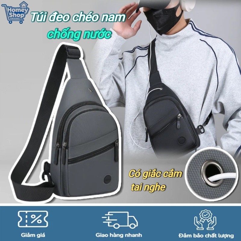 Túi đeo chéo nam chống nước, chất liệu vải cao cấp phong cách streetwear, đa ngăn tiện lợi có lỗ tai nghe