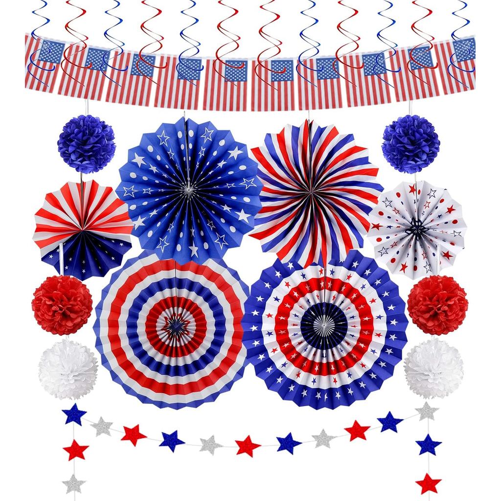 26 Chiếc 4th of July Trang Trí Yêu Nước Trang Trí Hoa Kỳ Dây Cờ Đỏ Trắng Xanh Giấy Người Hâm Mộ Ngôi