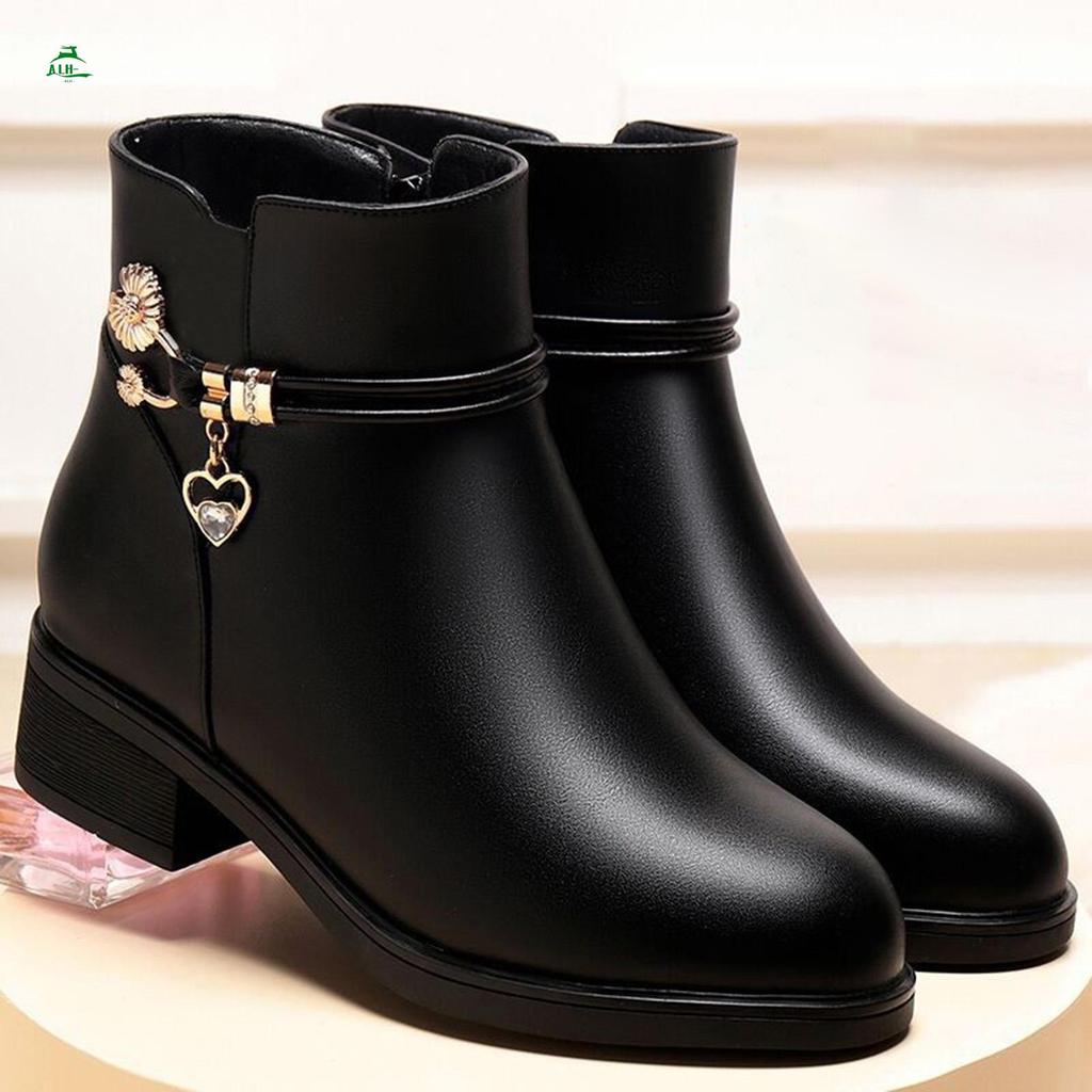 Nữ Chunky Gót Chân Booties Mềm Da PU Ấm Mắt Cá Chân Booties Giày Đi Mưa Quà Tặng Giáng Sinh Sinh Nhậ