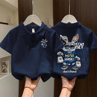 [Áo sơ mi polo bé trai] (10-45kg) Áo sơ mi polo in hình chú thỏ Hip Hop ngắn tay thường ngày Áo thun hợp thời trang cho bé trai