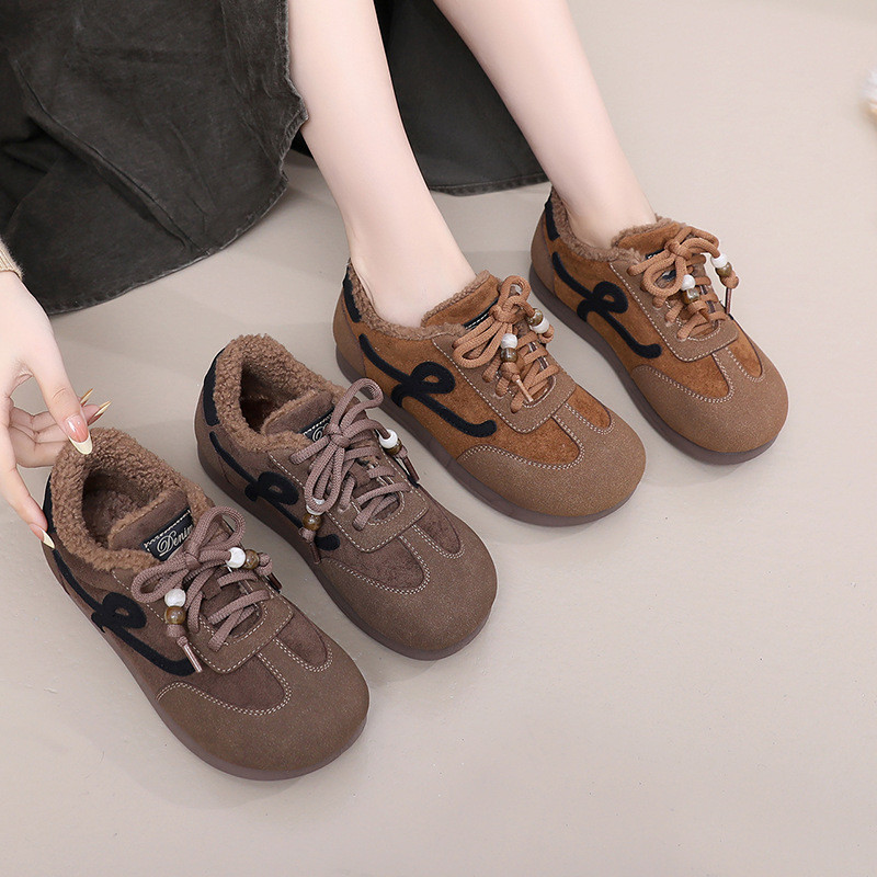 New Autumn and Winter round Toe Soft Bottom Non-Slip Warm Lace-up Flat Shoes Versatile Shoes IcAZ
