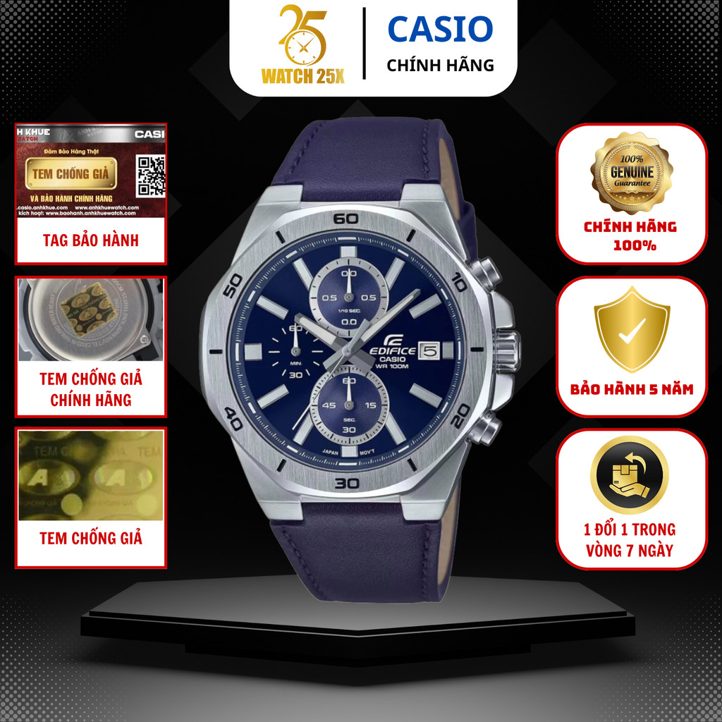 Đồng Hồ Casio Edifice Nam EFV-640L-2AVUDF Watch25x - Dây Da Xanh Chronograph 6 Kim Cao Cấp