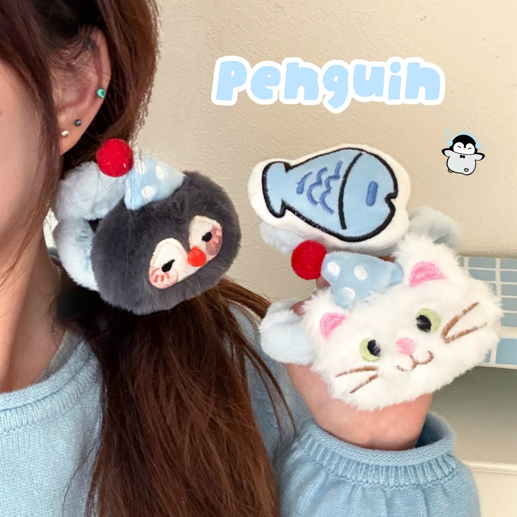Dây buộc tóc scrunchy hình hoạt hình chim cánh cụt, cá nhỏ và mèo, có trái tim - phù hợp cho đuôi ng