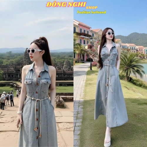 Đầm Jean Nữ Đẹp, Váy đầm du lịch, Đầm Jean dáng dài cổ yếm sát nách xẻ tà túi hộp đính nút kèm đai