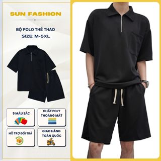  Bộ quần áo nam nữ thể thao cộc tay SUN 07 Màu Đen chất poly áo polo cổ bẻ quần short dễ phối 