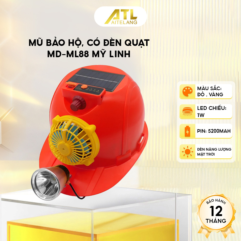 Mũ bảo hộ chuyên dụng MD-ML88 Mỹ Linh, mũ đèn có quạt, mũ đèn năng lượng mặt trời,tiện lợi tiết kiệm