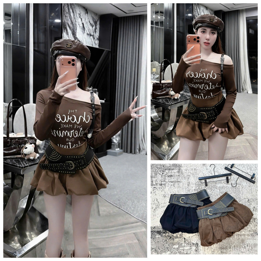 SALE LẺ SIZE Chân váy da lộn dáng bí bồng kèm đai UMEE STORE QCCC QCL1 CV0689 2525