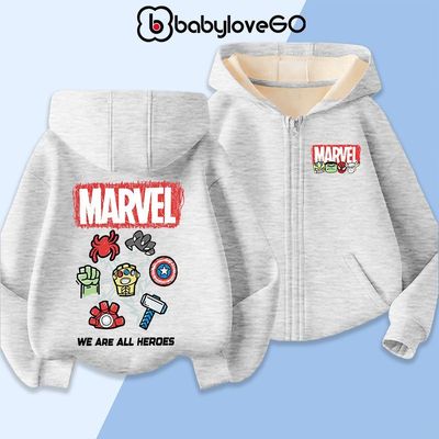 Áo khoác bé trai BabyloveGO 2026 áo khoác nỉ hai da in hình siêu anh hùng có mũ và khóa kéo