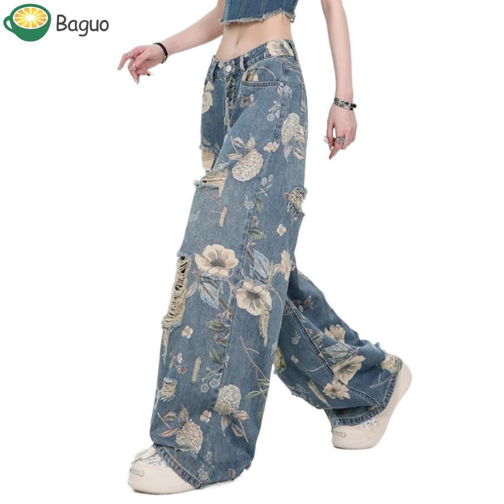 Quần Jean BAGUO Nữ Style Y2K, Thiết Kế Rách Phong Cách Grunge