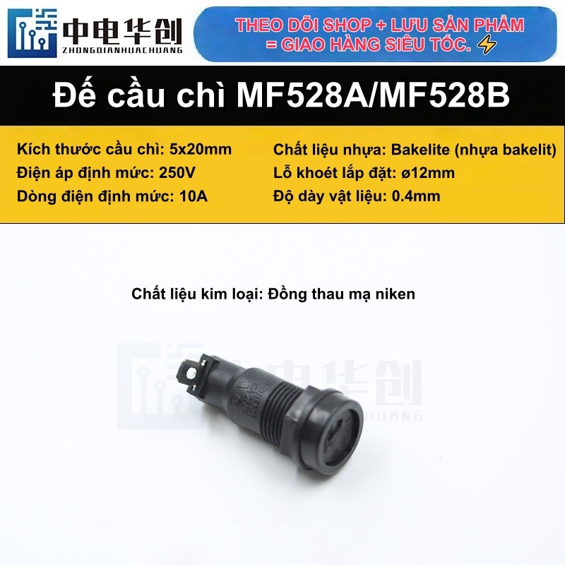 Giá đỡ cầu chì MF528 cho cầu chì 5x20mm, loại chữ thập / rãnh, lỗ gắn 10A 250V, 12mm