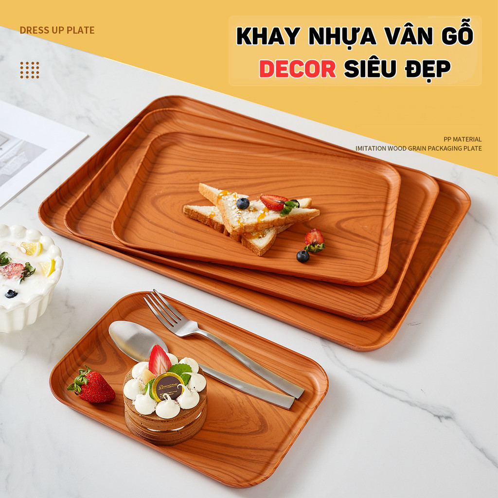 Khay nhựa giả vân gỗ chữ nhật decor quán, khay úp cốc vân gỗ trang trí, phù hợp quán Caffe