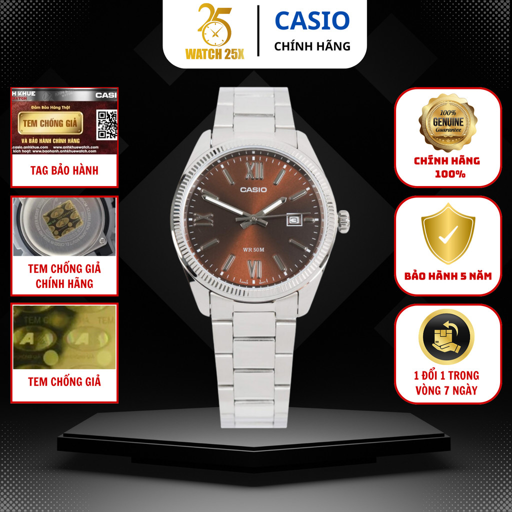 Casio MTP-1302DD-5AVDF Wach25x Nam Mặt Nâu Cà Phê Vành Khía Dây Thép 38.5mm Phong Cách. Classic
