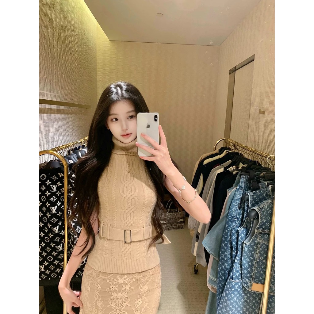 Hotdog Hotdog Hotdog Hotdog Seoul Coldtom Áo dệt kim cổ cao dành cho nữ Áo không tay + Thắt lưng