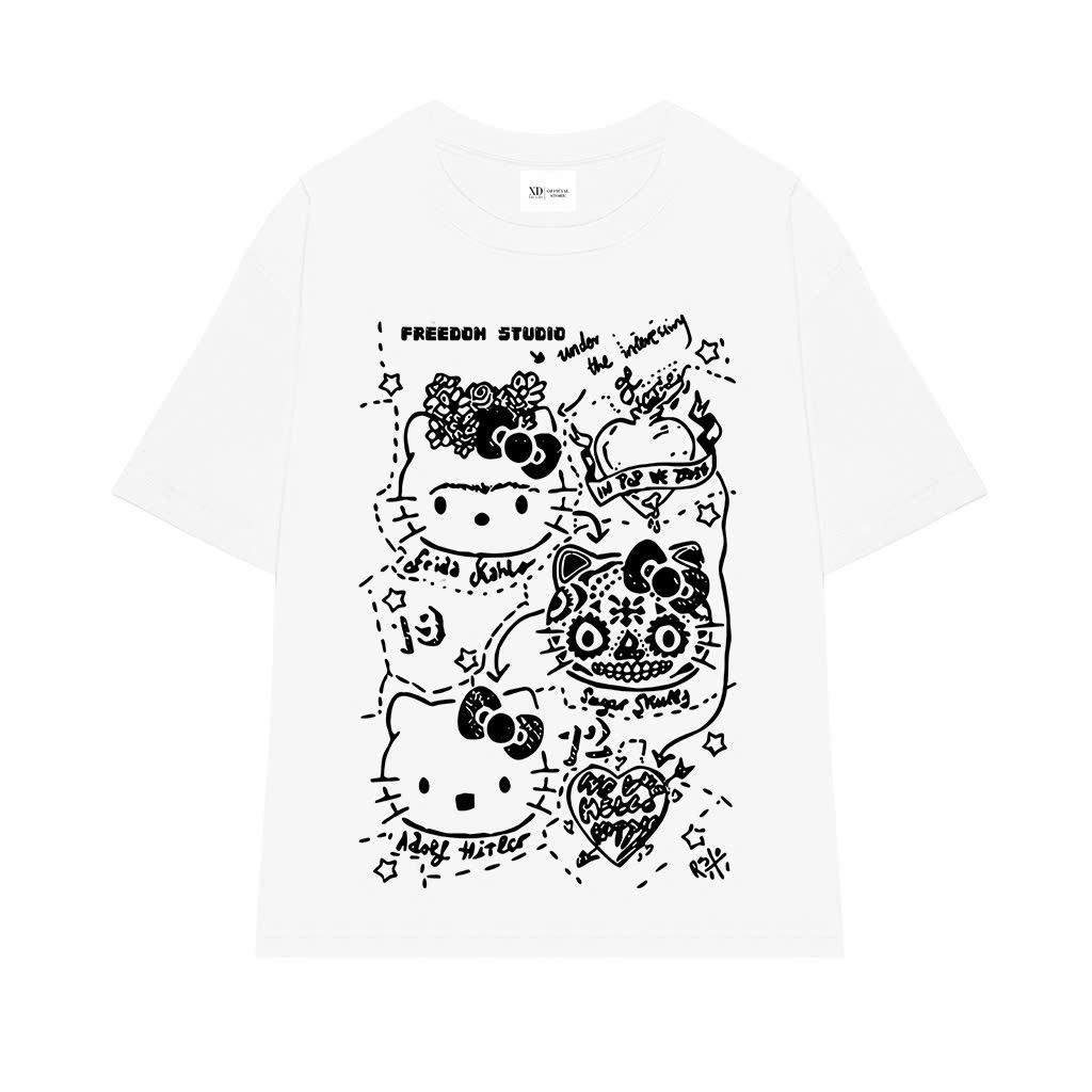 Áo Thun THE XIDE in hình KITTY LINE Chính Hãng Unisex Form Rộng Oversize Premium Cotton 100 270gsm