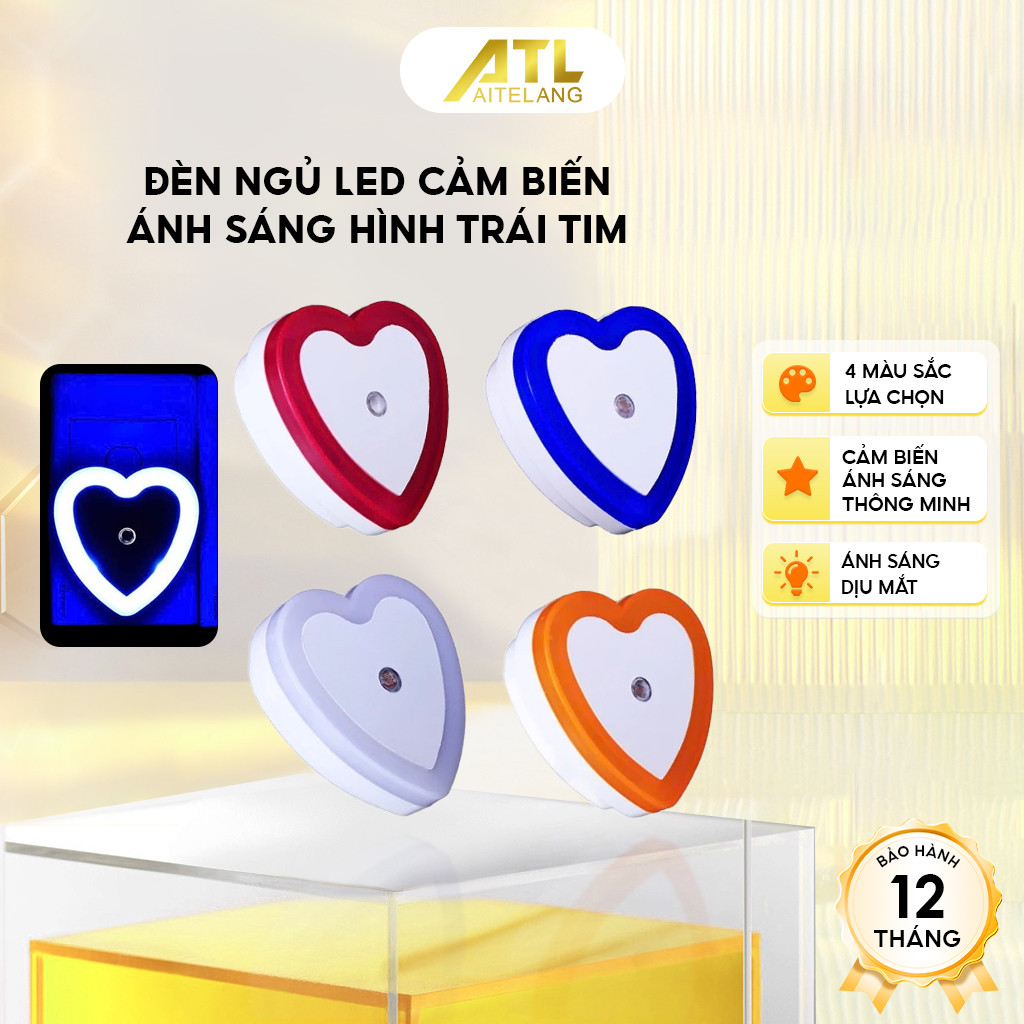 Đèn LED ngủ cảm bến hình trái tim, tự động bật tắt, ánh sáng dịu mắt, tiết kiệm điện