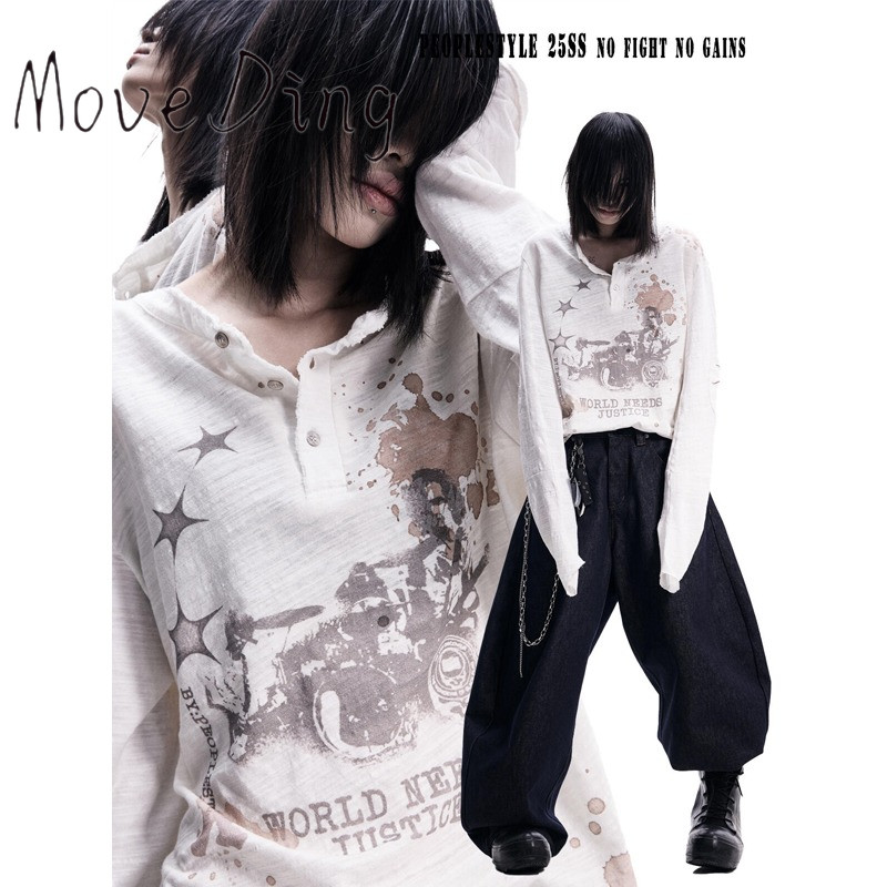 Áo thun nam style Y2K tiểu văn hóa cổ điển, thiết kế cổ Henry