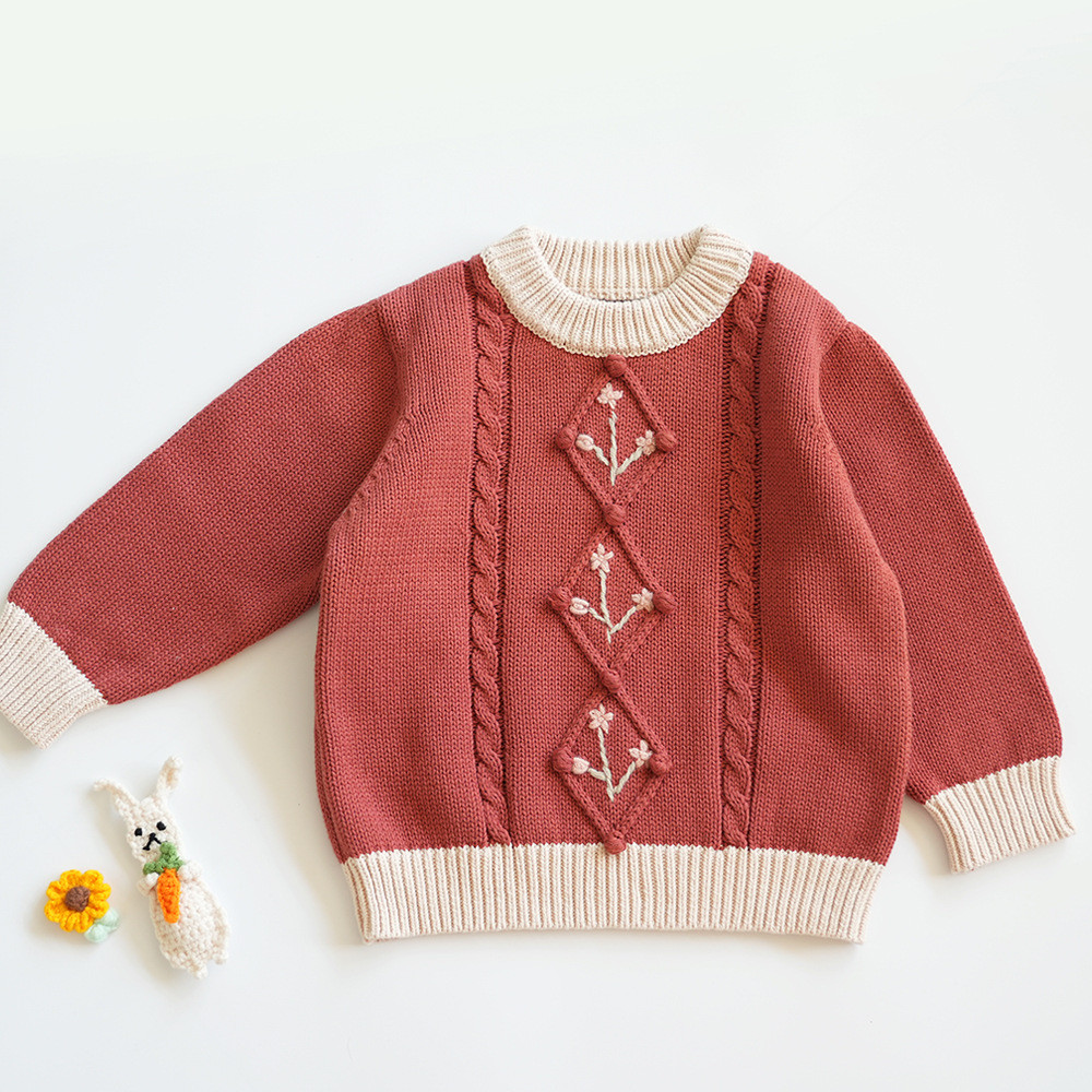 Áo len trẻ em mùa thu đông Châu Âu Mỹ áo len cotton cổ tròn cho bé gái, áo len đan, mũ len thêu