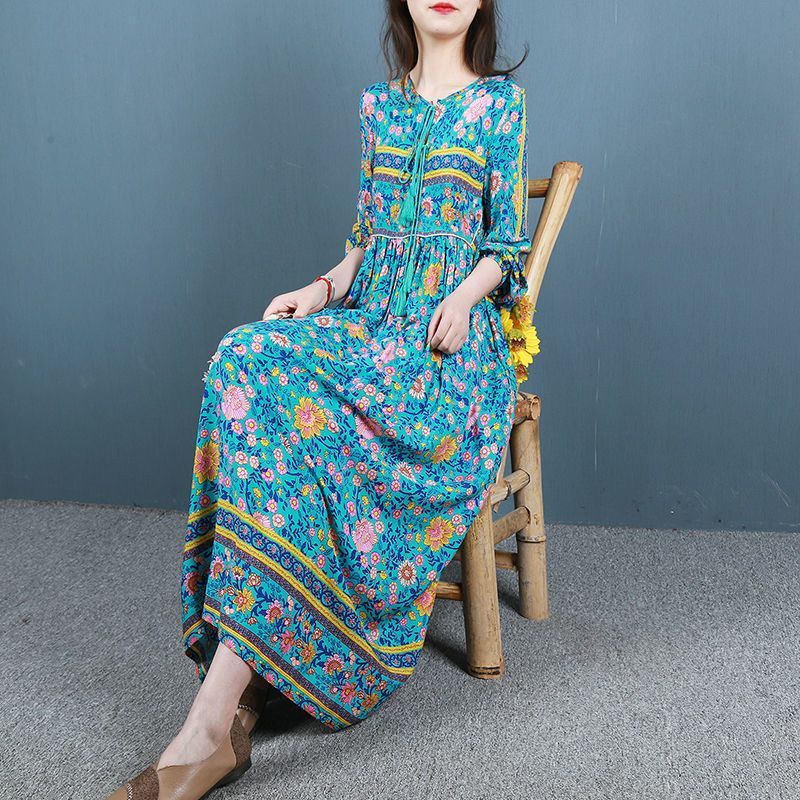 Váy in hình cotton phong cách dân tộc cổ điển váy dài mùa xuân dành cho nữ Váy dài bohemian rộng rãi