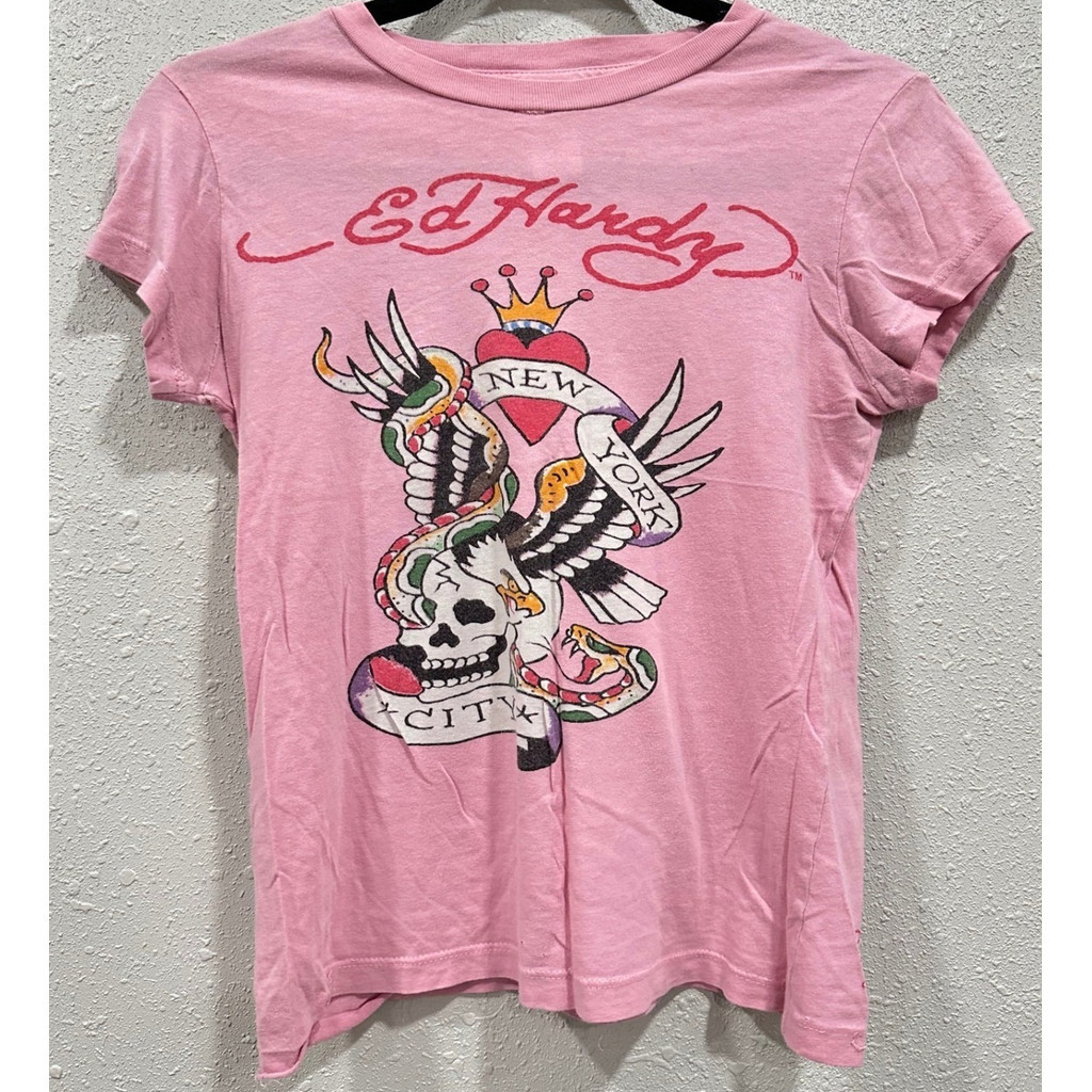 Áo ngắntay Ed Hardy 100% cotton, họa tiết hồng skeleton eagle