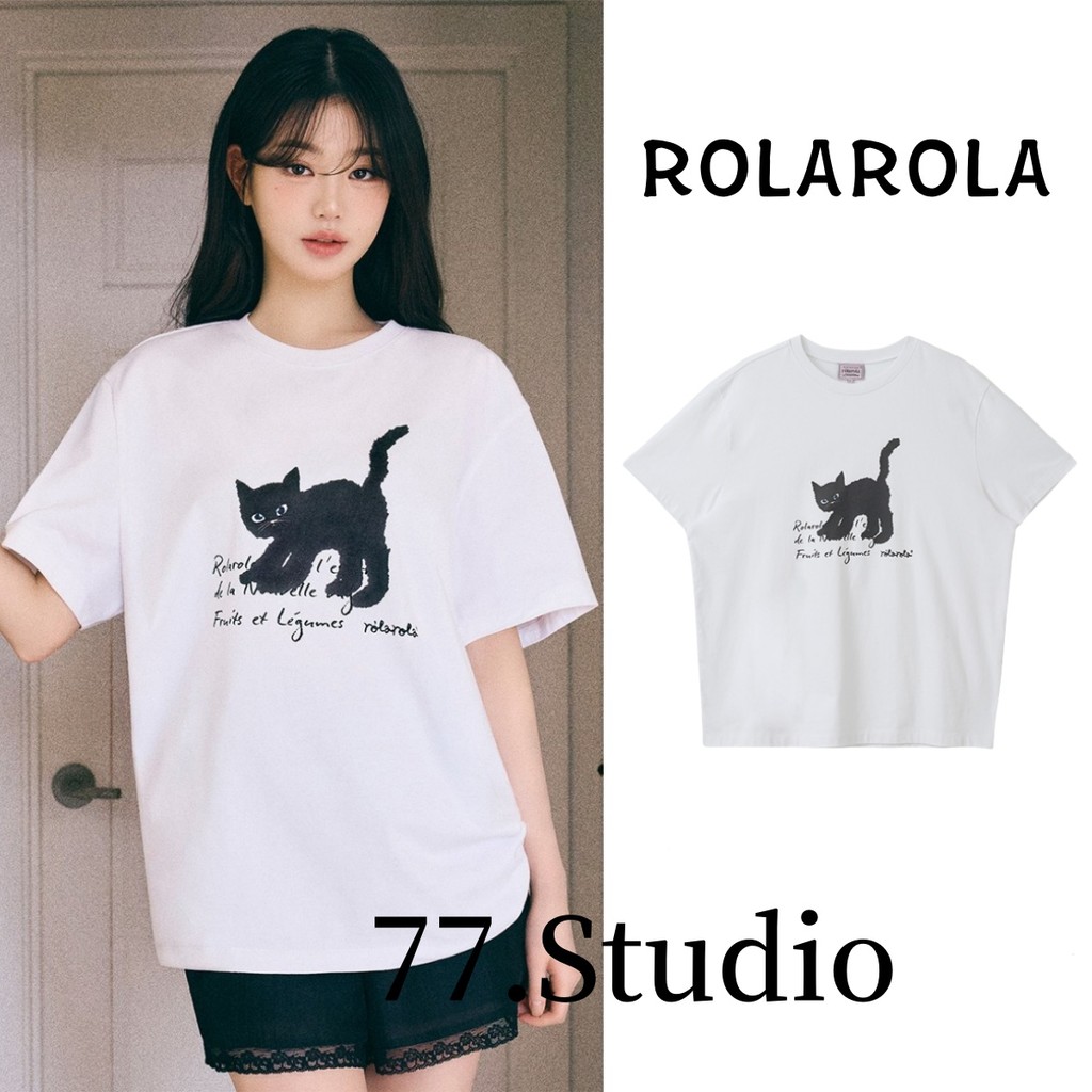 ROLAROLA Designer Áo thun tay ngắn dáng rộng họa tiết mèo mát mẻ