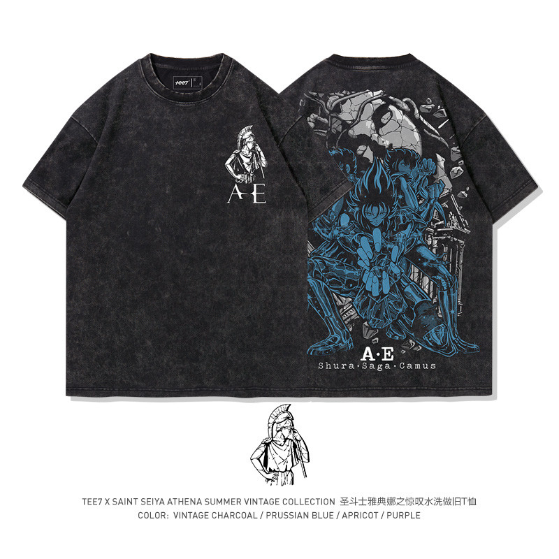 Saint Athena's Marvel Áo Nam Cotton Vintage Anime, Vai Cổ Tròn Tay Ngắn