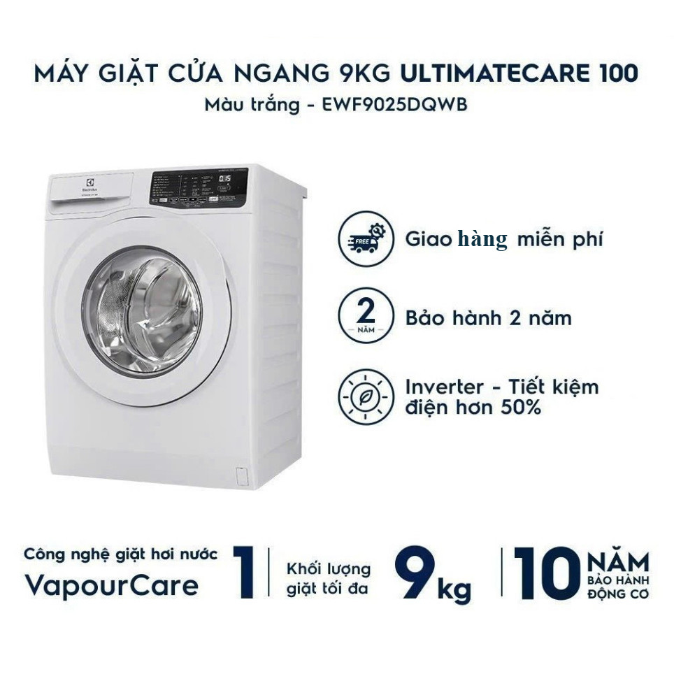 Máy giặt cửa ngang Electrolux 9kg EWF9025DQWB UltimateCare 100 - Trắng - Động cơ Inverter yên tĩnh