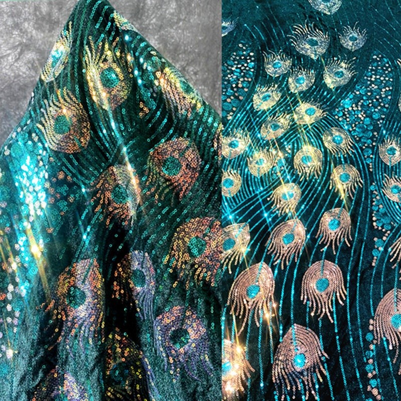Peacock Feather Sequin - Velvet Lace Embroidery For Wedding Dress
