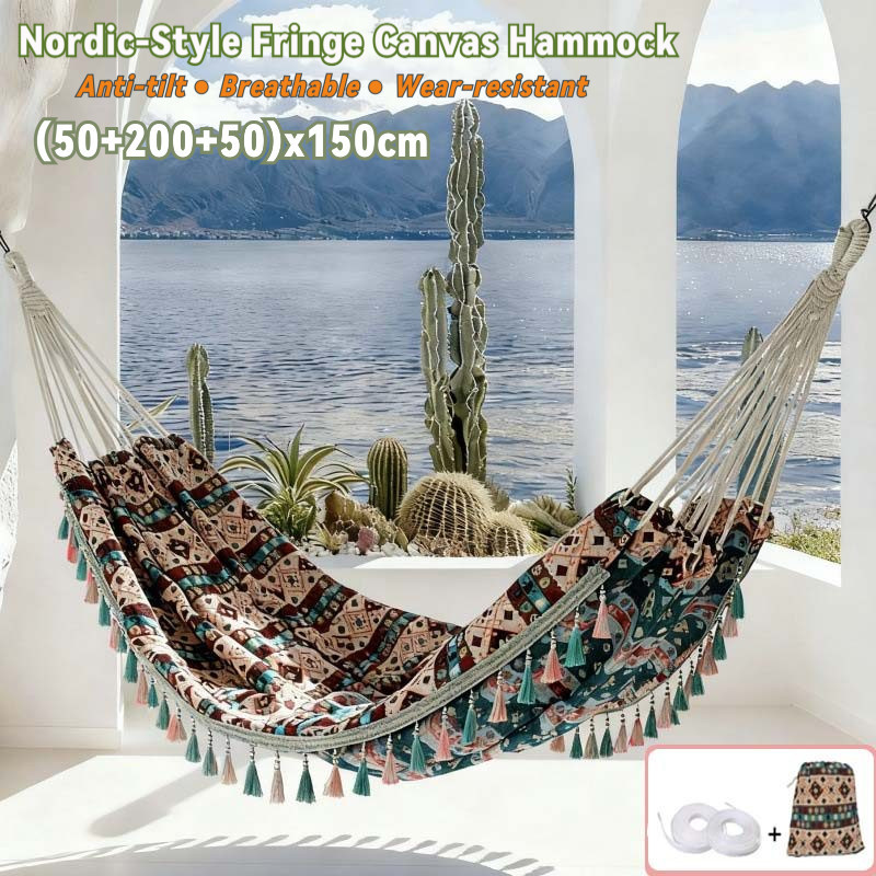 Nordic-Style Fringe Canvas Hammock with Anti-Rolling Double-Person Outdoor Wider Camping Swing Bed R
