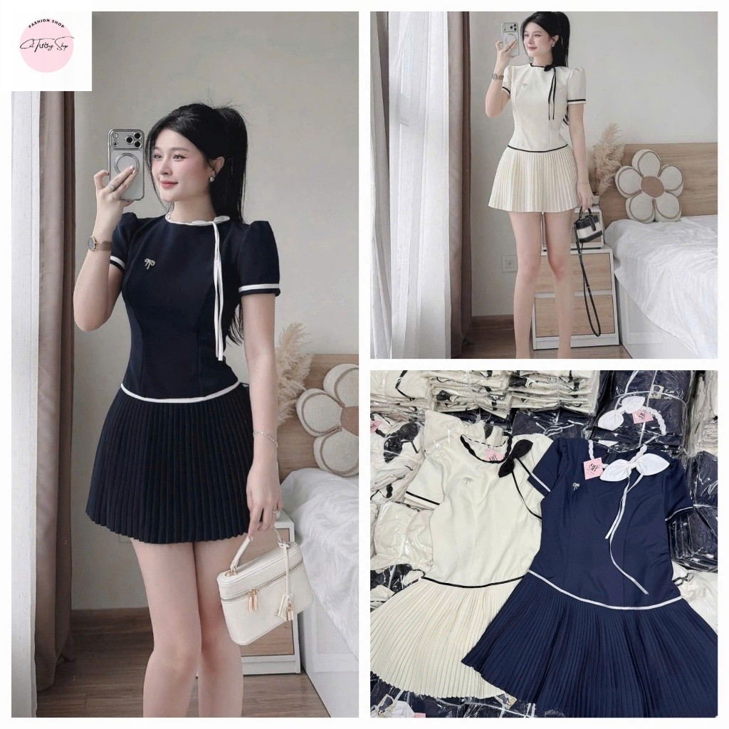 Đầm nữ xếp ly dáng ngắn, chất mango 2 màu đáng iu cho nàng hẹn hò, đầm cổ tròn viền trắng đính nơ ta