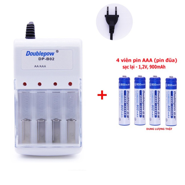 [HCM]Combo sạc DP-B02 và 4 pin sạc AAA Doublepow 900mAh Cam Kết Dung Lượng Thật