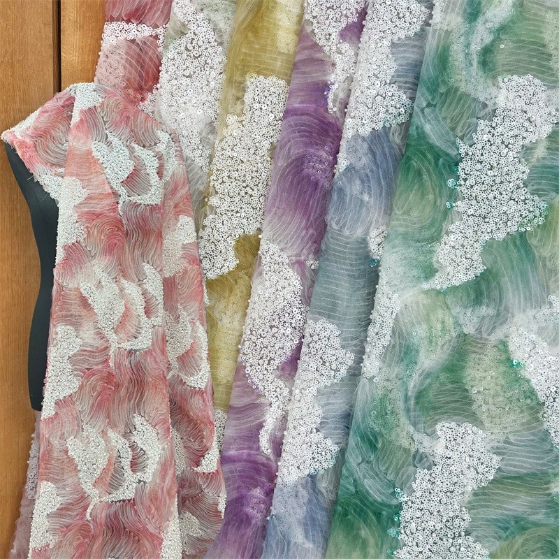 130CM * 1Yard Beaded Embroidered Heavy Sequin Lace Wedding Dress Fabric Design