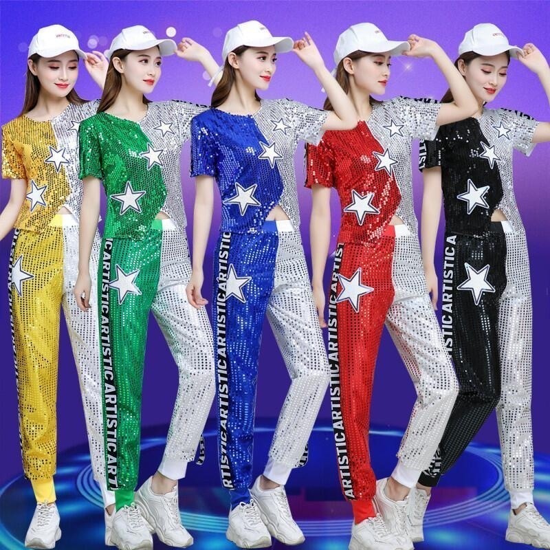 Quần áo biểu diễn khiêu vũ nữ Vàng sáng bóng sequin Áo Bộ quần tương phản bling bling bling áo thun 