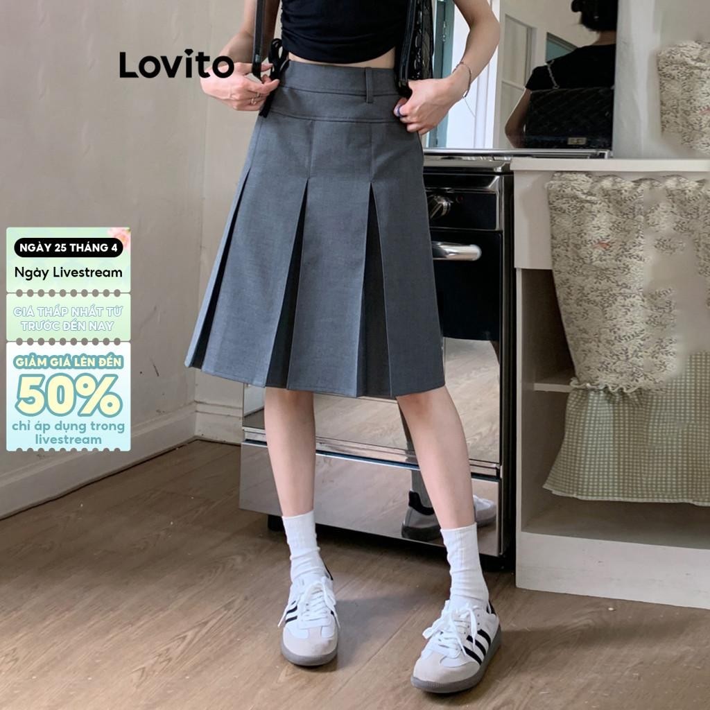 Lovito Váy thường ngày Váy cơ bản xếp ly trơn dành cho nữ LNE29157 (Xám)