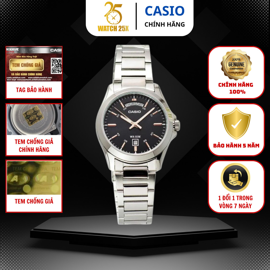 Đồng Hồ Nam Casio MTP-1370D-1A2VDF Watch25x Lịch Ngày Thứ 40mm, Dây Kim Loại, Mặt Đen Kim Vàng