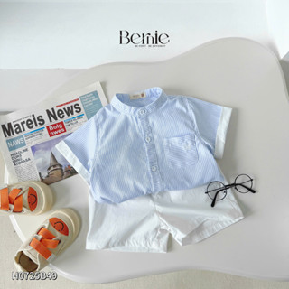  Set sơ mi kẻ cộc tay cổ tàu Bernie họa tiết hình thêu túi kèm quần short kaki mềm mại cho bé trai 9-24kg 